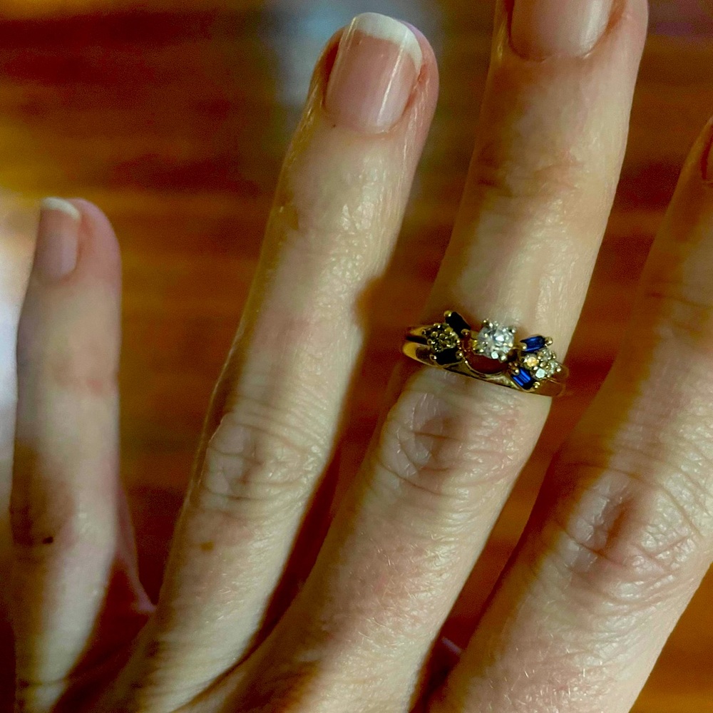 14K gold anniversary band and diamond solitaire wrap with sapphires. Size 7